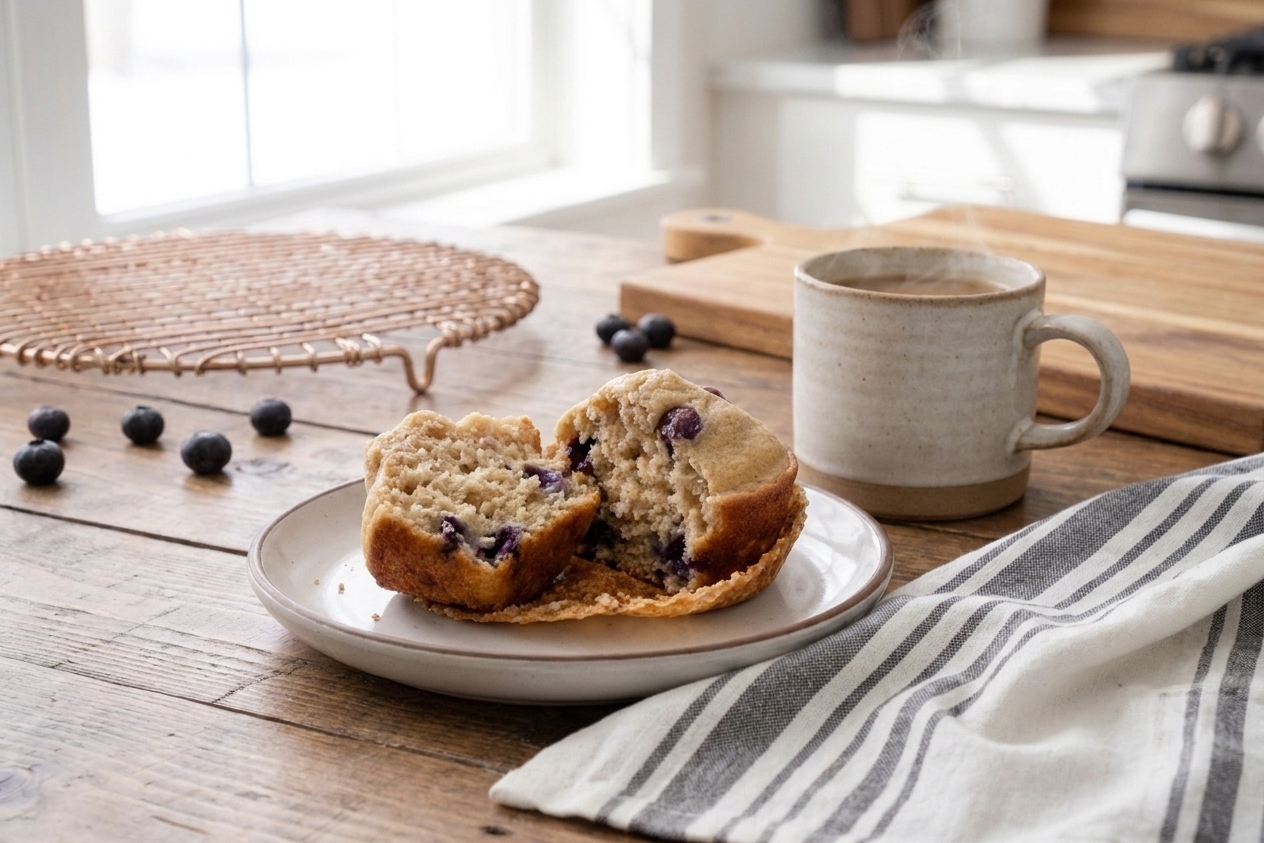 A single protein muffin split open on a small plate with a mug of coffee on a wooden table in natural morning light