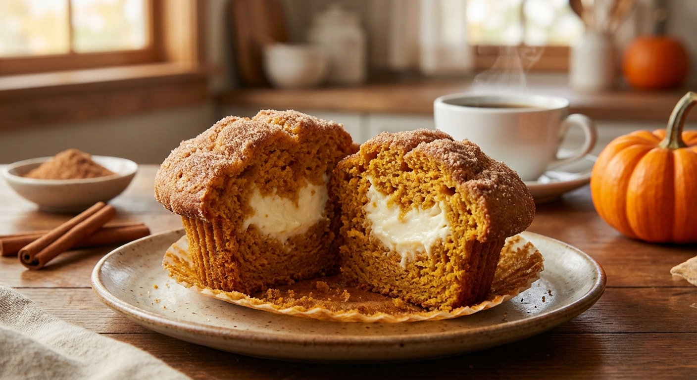 A single pumpkin cream cheese muffin cut in half on a small plate, showing a thick creamy center and fluffy spiced crumb, cinnamon sugar topping visible, warm kitchen lighting