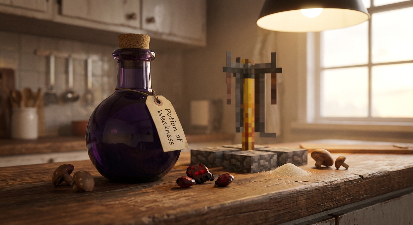 A single purple Potion of Weakness bottle sitting on a wooden kitchen-style counter next to a Minecraft brewing stand, warm indoor lighting