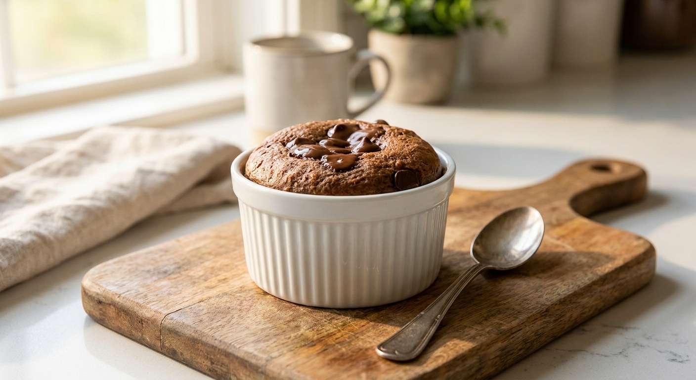 A single ramekin of blended chocolate baked oats with a domed top and melted chocolate chips, sitting on a wooden board with a spoon nearby, natural morning light