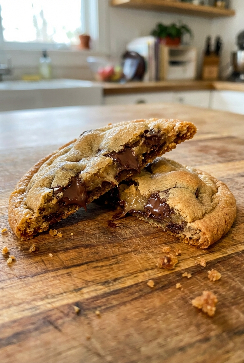 A single real photo of a close-up cookie broken in half showing a chewy center with a thin crisp edge