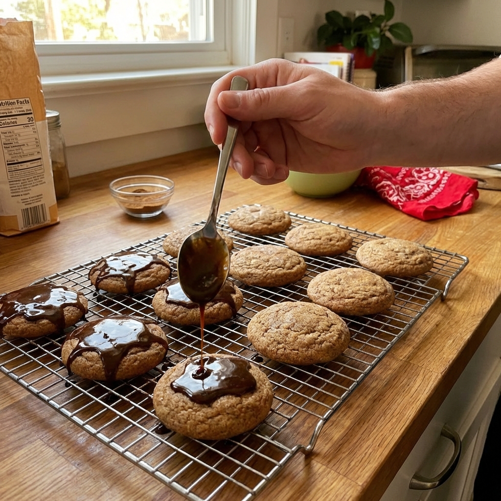 A single real photo of a hand drizzling espresso glaze over a cooling rack of chai cookies in a home kitchen