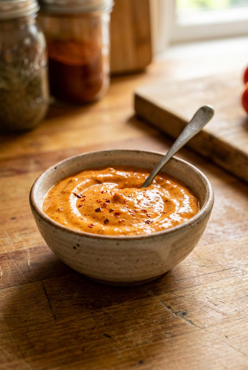 A single real photo of a small bowl of smoky chipotle mayo with a spoon