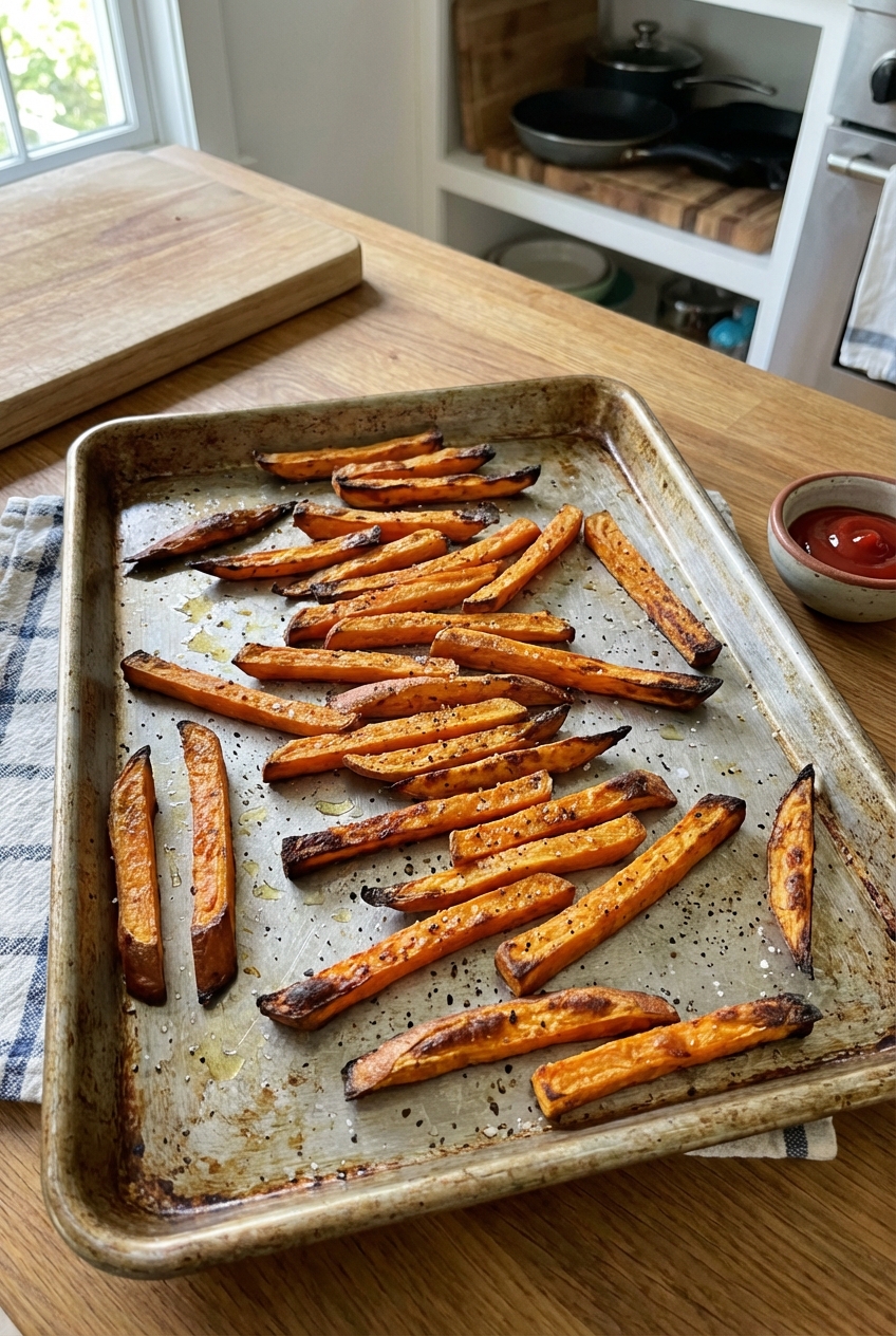 A single real photo of a tray of baked sweet potato fries with browned edges