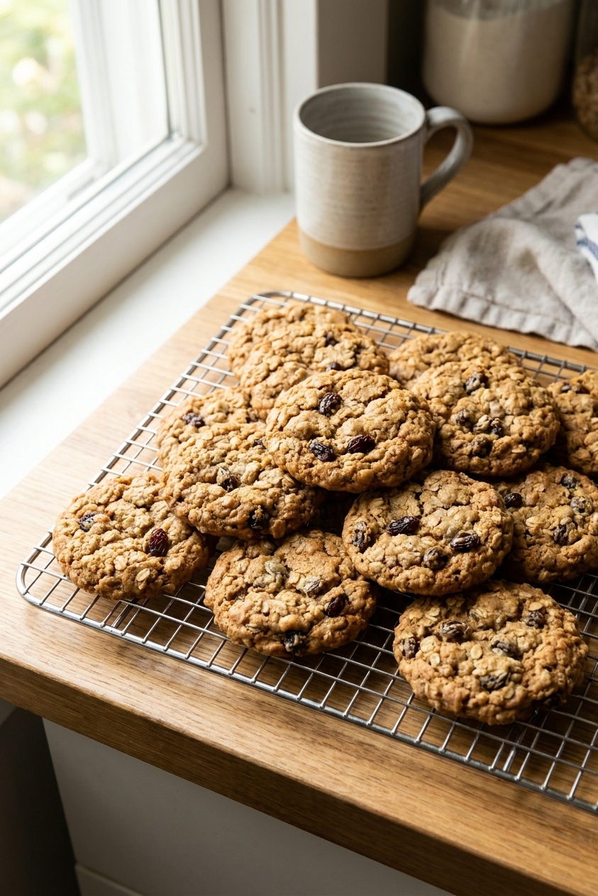 A single real photo of freshly baked spiced oatmeal raisin cookies cooling on a wire rack, golden brown with visible oats and raisins, natural window light