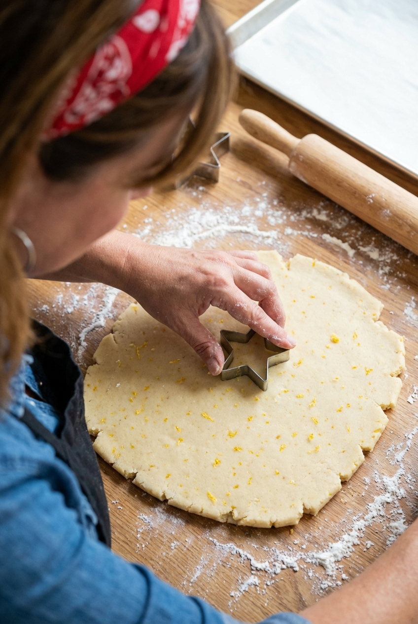 A single real photo of hands using a cookie cutter to cut chilled sugar cookie dough on a lightly floured countertop, with visible flecks of lemon zest in the dough