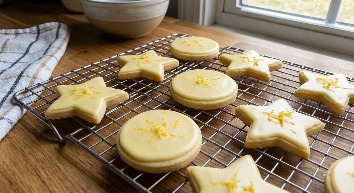 A single real photo of iced cut-out sugar cookies cooling on a wire rack, with lemon zest scattered lightly on top