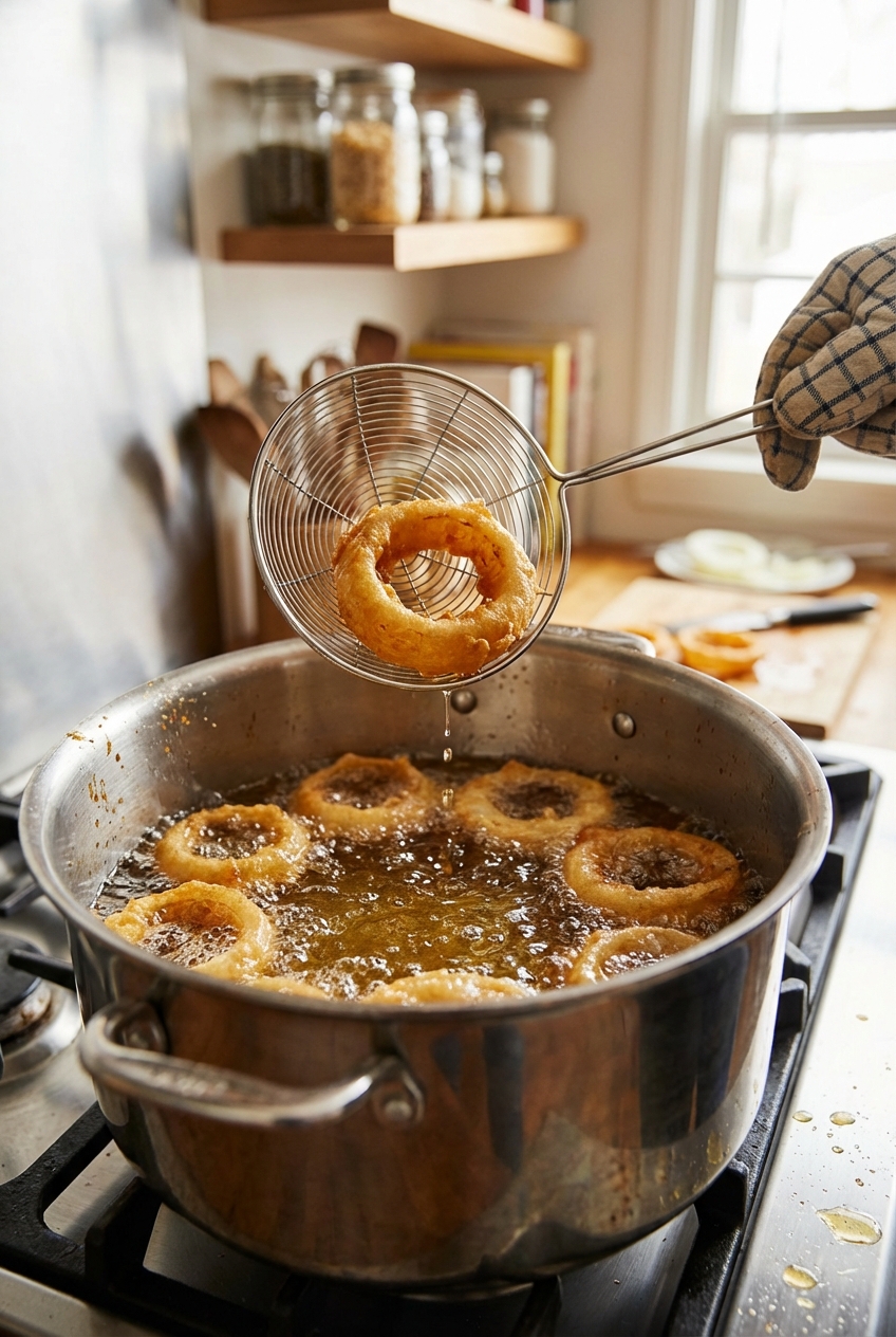 A single real photo of onion rings frying in a pot of oil with a spider strainer lifting one ring
