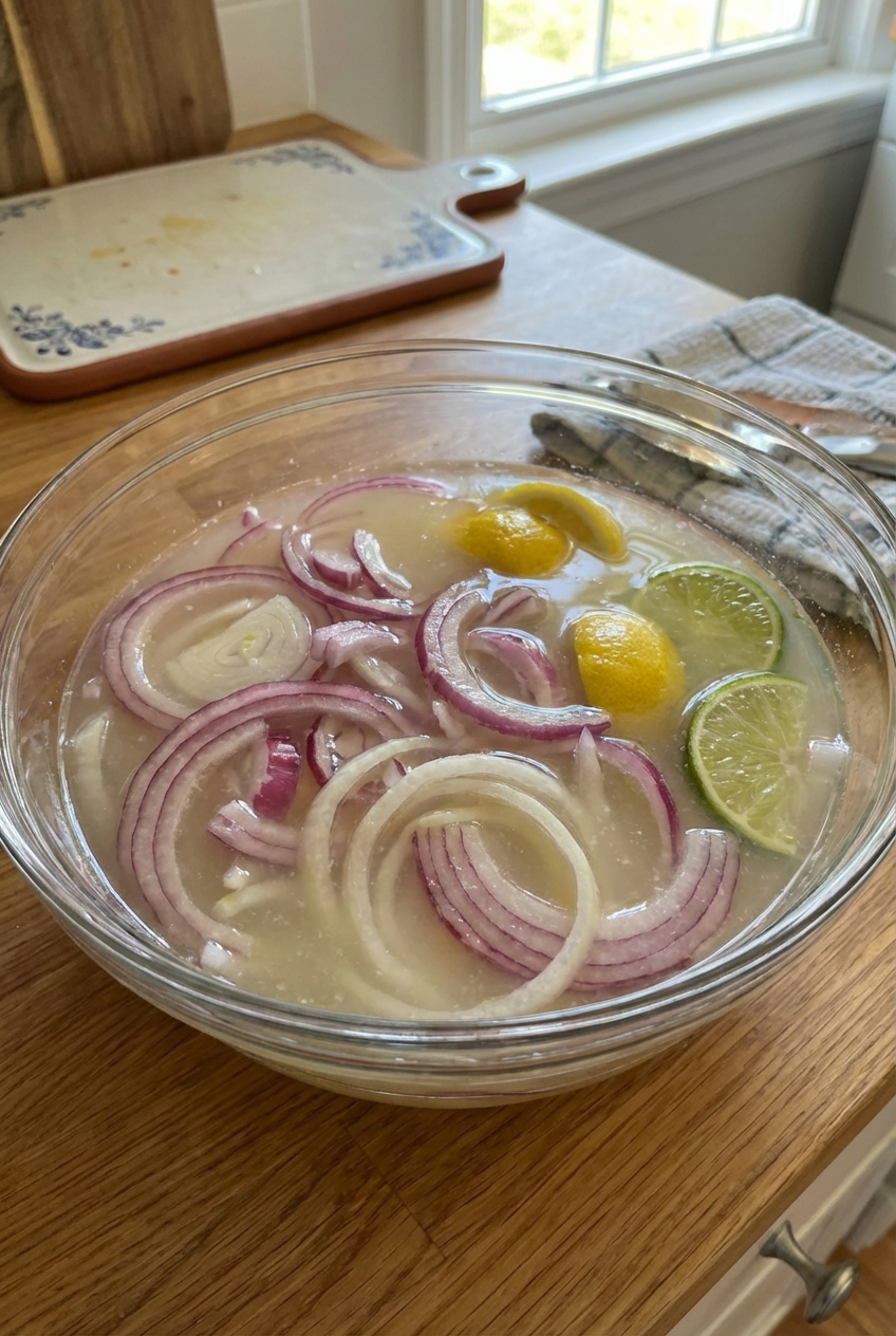 A single real photo of sliced onions soaking in a bowl with citrus juice and water on a kitchen counter