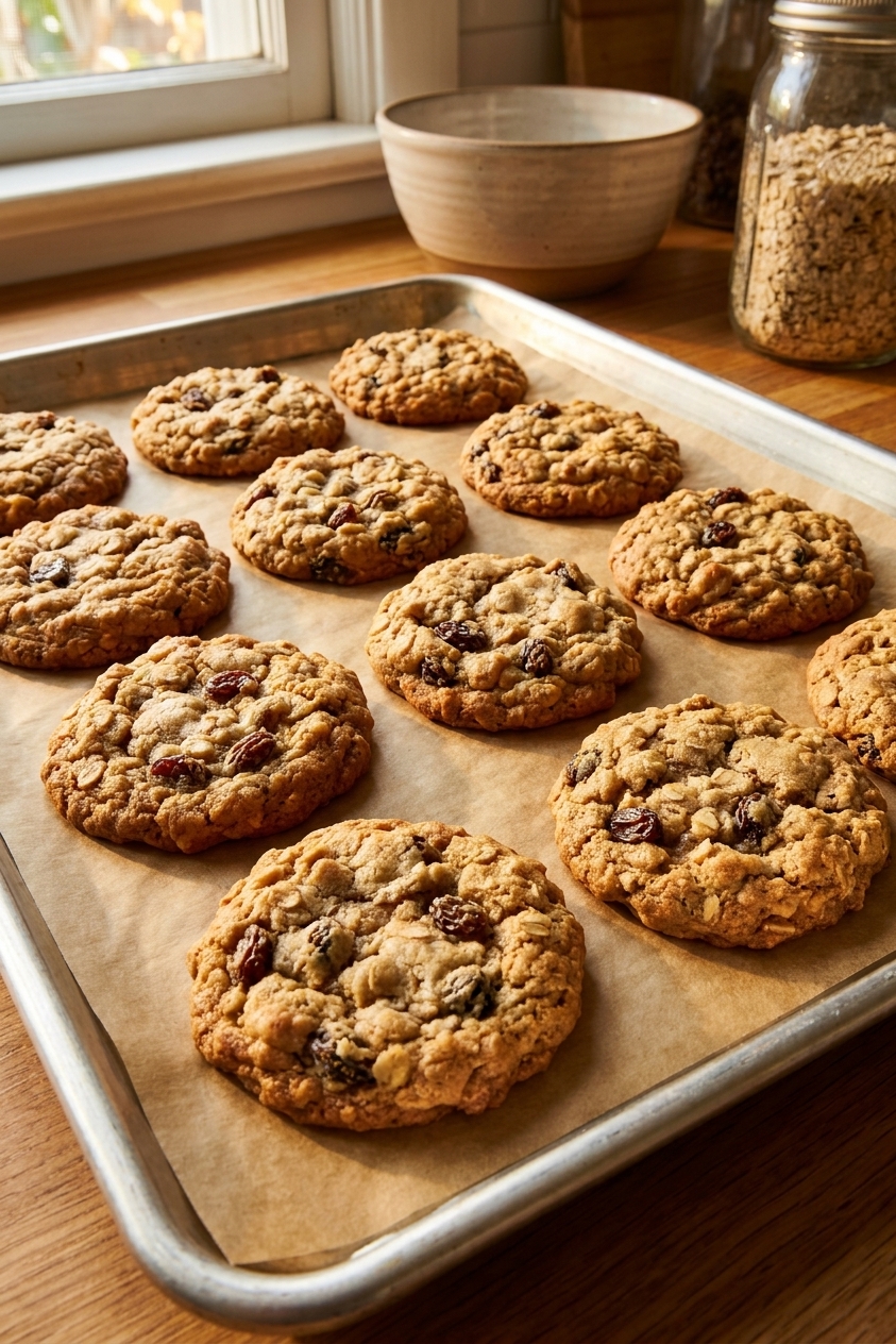 A single real photo of thick chewy oatmeal raisin cookies on a parchment-lined baking sheet, golden edges with soft centers and visible raisins, warm kitchen lighting