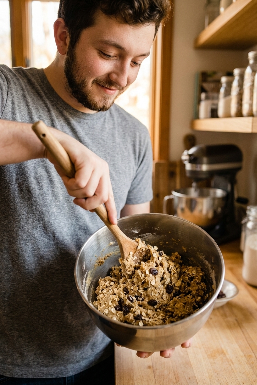 A single real photo of thick oatmeal raisin cookie dough in a stainless steel mixing bowl with a wooden spoon, visible oats and raisins, cozy home kitchen background