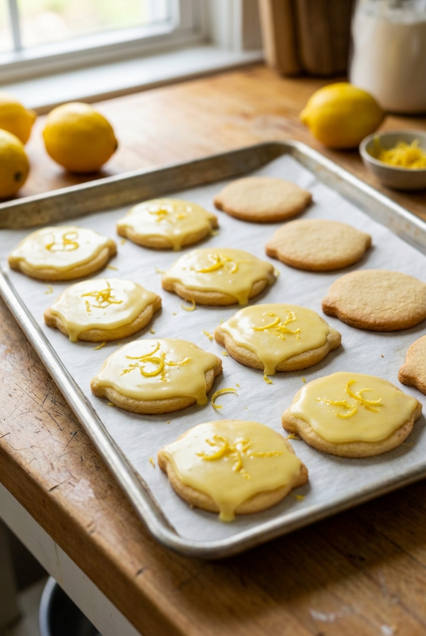 A single real photo of zesty cut-out sugar cookies on a parchment-lined baking sheet, some iced with glossy lemon icing and sprinkled with fresh citrus zest, with a few whole lemons in the background on a wooden counter