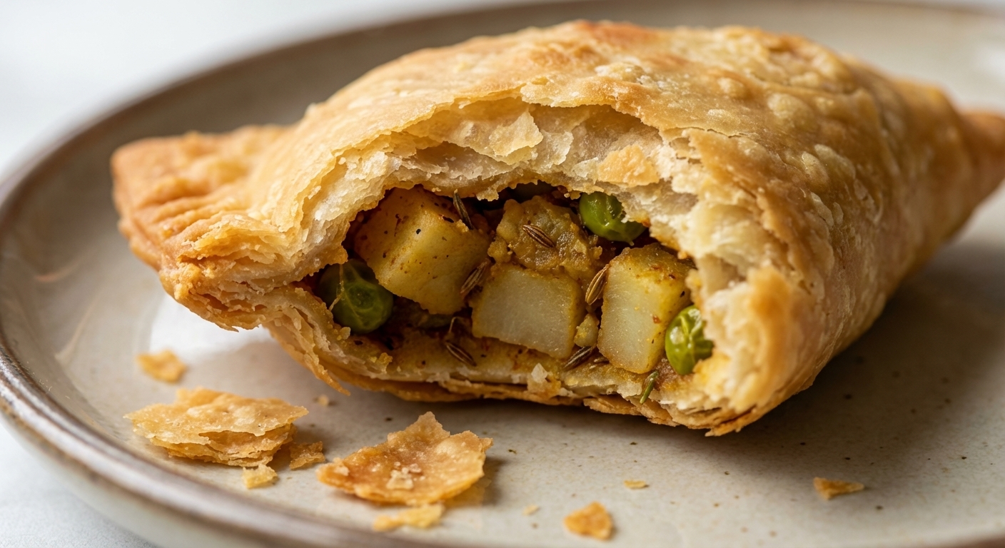 A single real photograph close-up of a bitten samosa showing spiced potato and peas filling inside a crisp, flaky shell with visible layers, crumbs on a plate, natural light