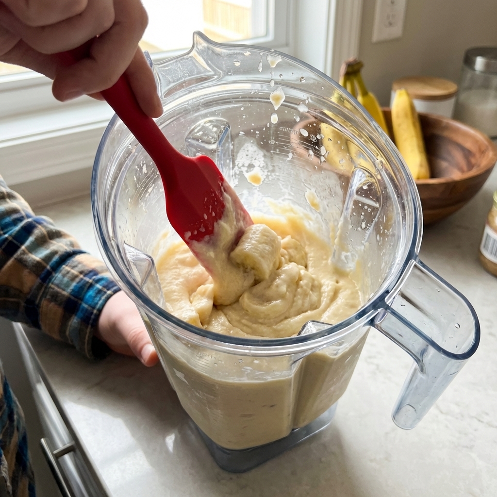 A single real photograph of a blender jar filled with thick banana nice cream mid-blend, with a silicone spatula scraping the sides, on a clean kitchen counter in natural light, photorealistic food photography
