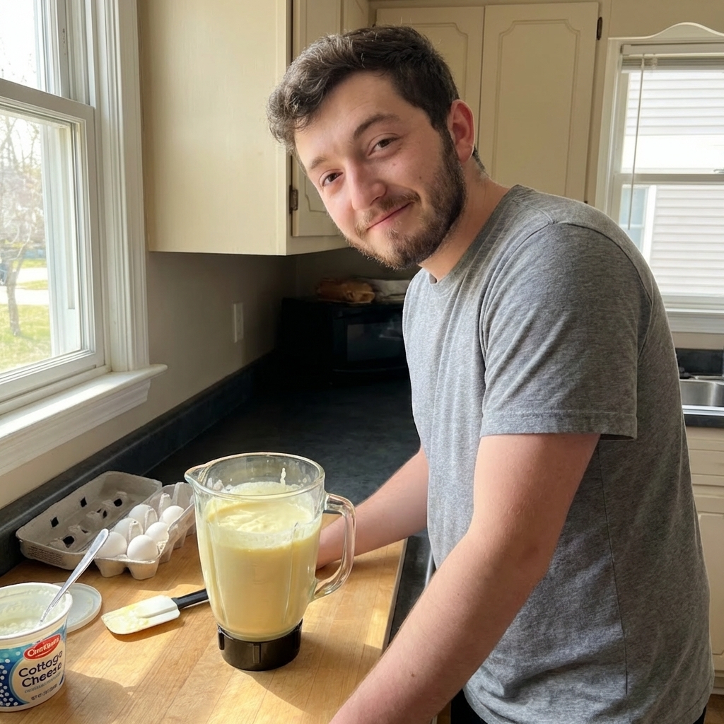 A single real photograph of a blender jar filled with smooth cottage cheese and egg batter, lid off, sitting on a kitchen counter with ingredients nearby, natural light