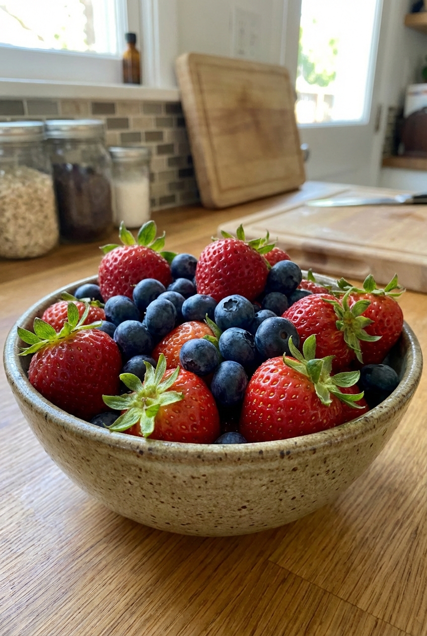 A single real photograph of a bowl of fresh strawberries and blueberries on a kitchen counter