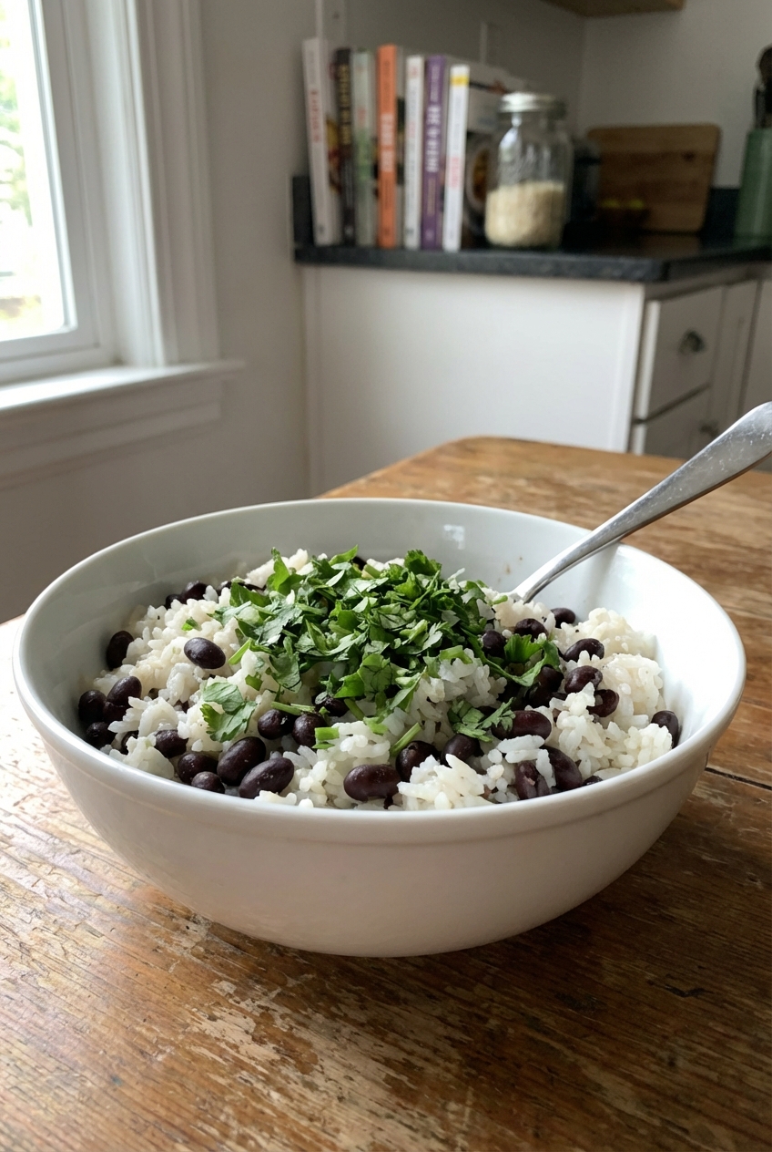 A single real photograph of a bowl of rice with black beans and chopped cilantro