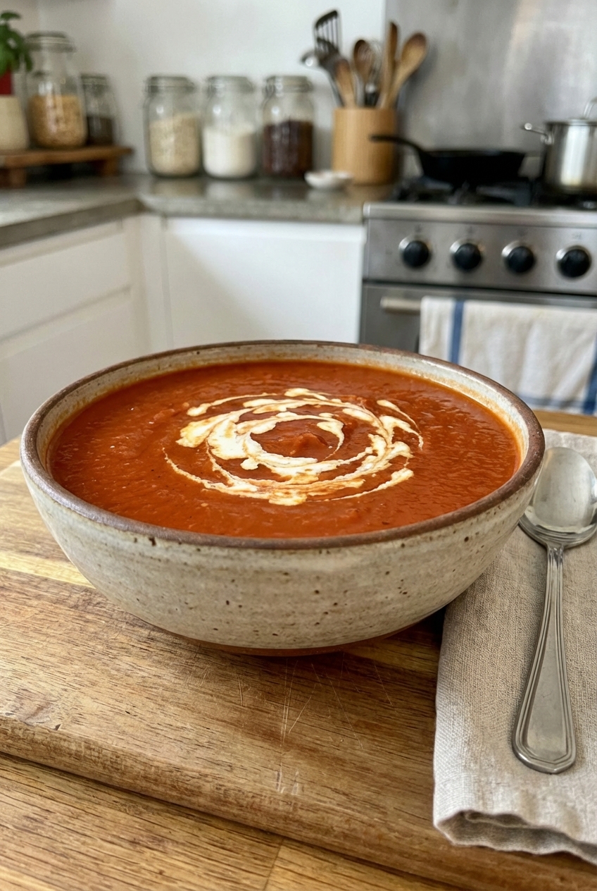 A single real photograph of a bowl of tomato soup with a swirl of cream on top