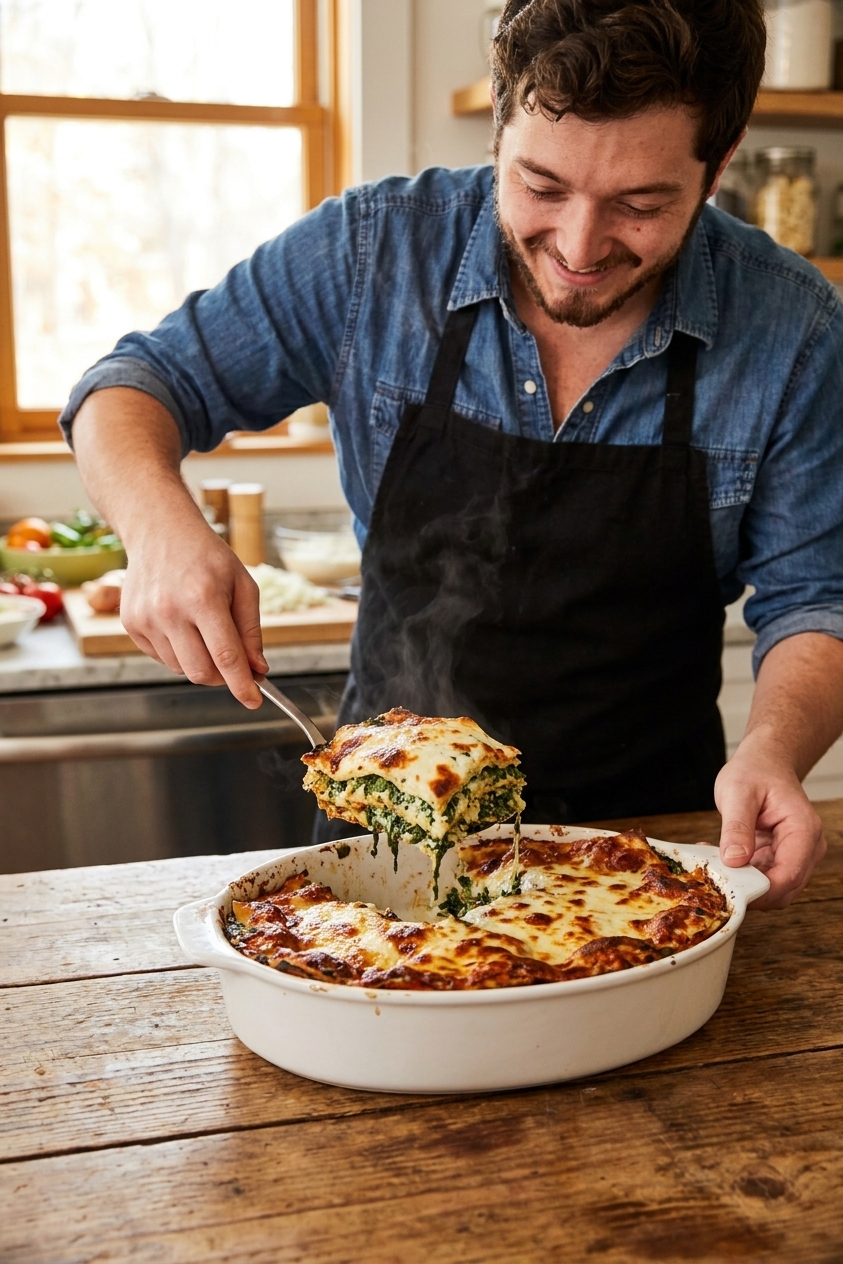A single real photograph of a bubbling vegetarian spinach and ricotta lasagna in a white ceramic baking dish on a wooden table, with browned mozzarella on top and a spatula lifting one square slice