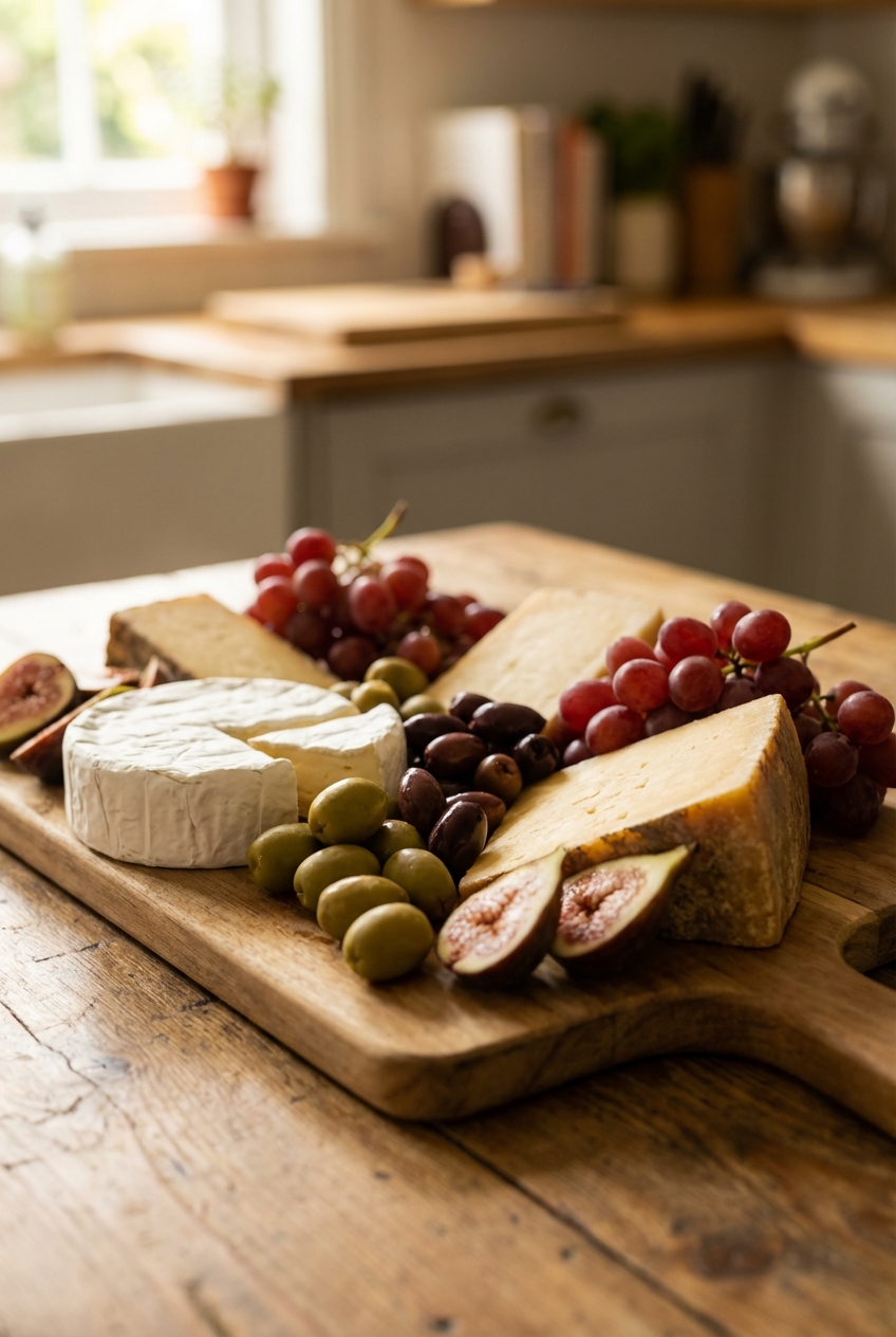 A single real photograph of a charcuterie board with cheeses, olives, and fruit