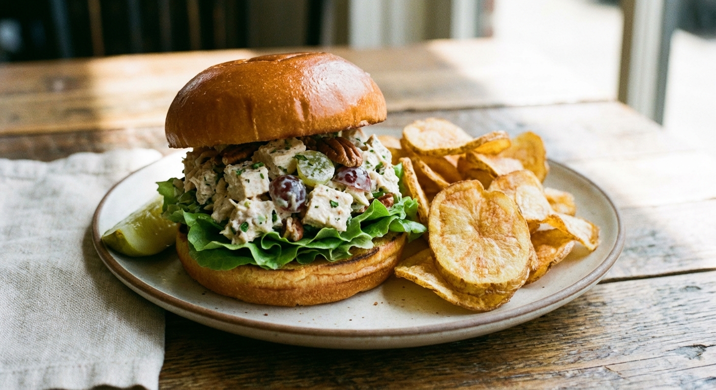 A single real photograph of a chicken salad sandwich with lettuce on a bun, served with potato chips on the side