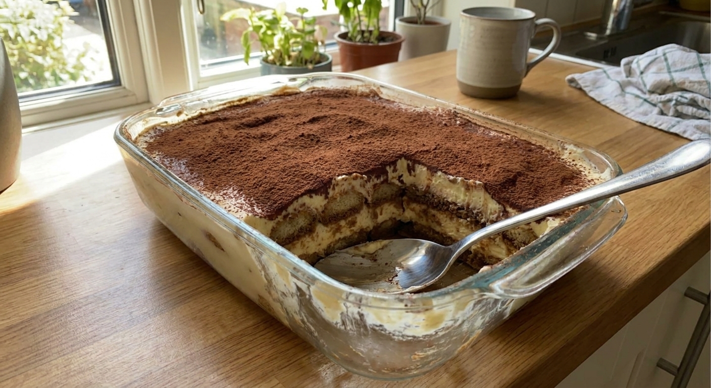 A single real photograph of a classic tiramisu in a glass baking dish with a thick cocoa-dusted top and a spoon scoop taken out to show the creamy layers, on a kitchen counter in natural window light