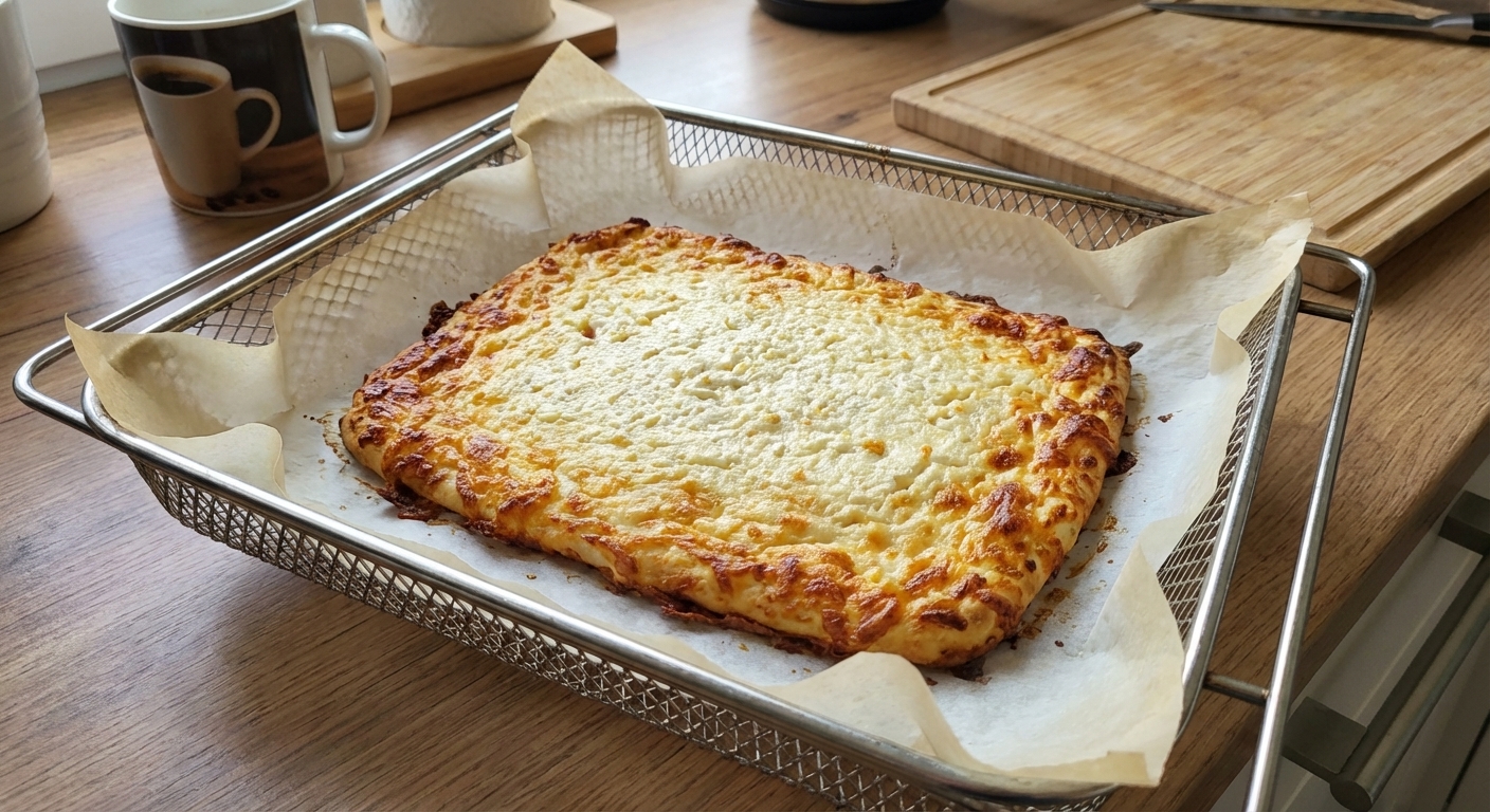 A single real photograph of a cottage cheese flatbread in an air fryer basket lined with parchment paper, lightly browned with crisp edges, kitchen counter in the background