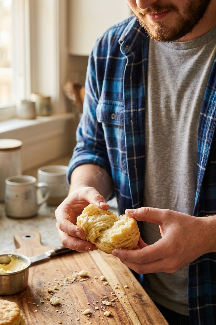 A single real photograph of a freshly baked biscuit split open by hand showing distinct flaky layers and a soft interior, crumbs on a wooden cutting board, warm natural light