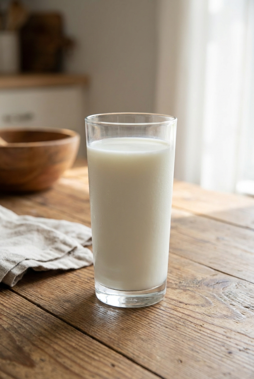 A single real photograph of a glass of cold milk on a wooden table with soft light