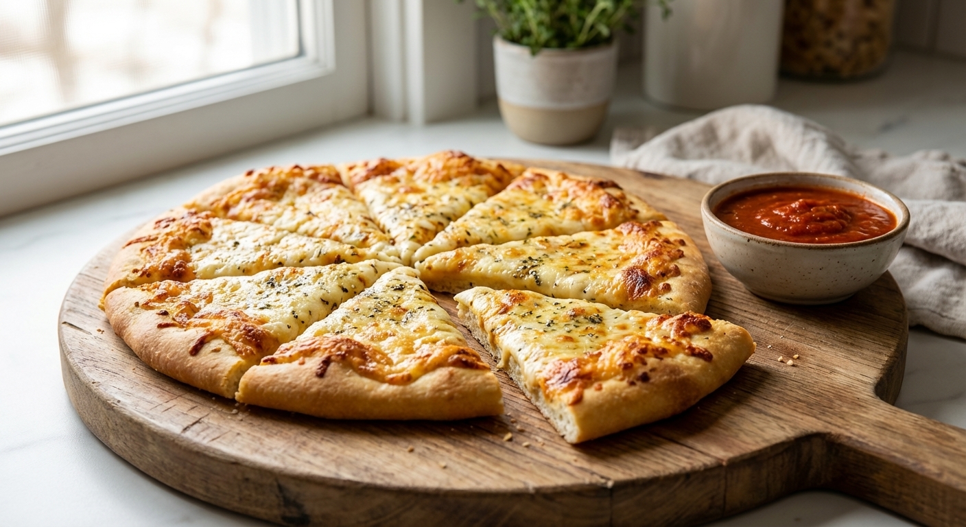 A single real photograph of a golden cottage cheese flatbread on a wooden cutting board, sliced into wedges with a small bowl of marinara nearby, soft natural window light, shallow depth of field