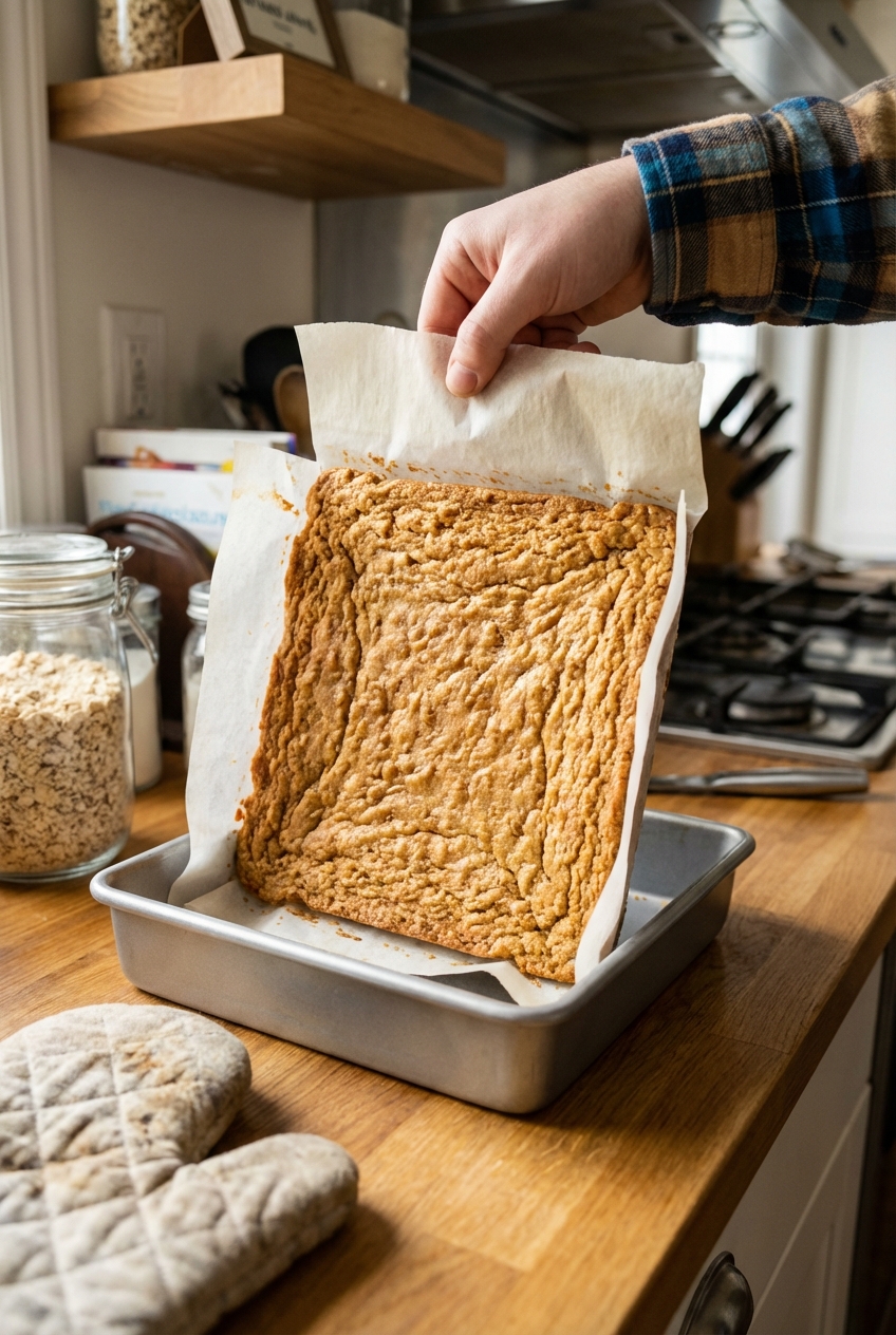 A single real photograph of a hand lifting a parchment sling to remove a slab of savory blondies from an 8 inch baking pan