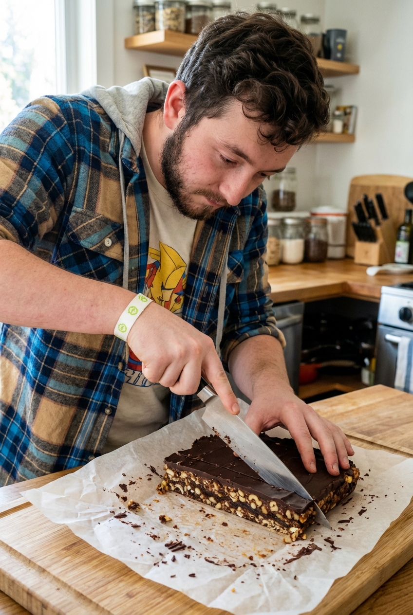 A single real photograph of a knife slicing chilled chocolate-topped nut and date bars on parchment paper