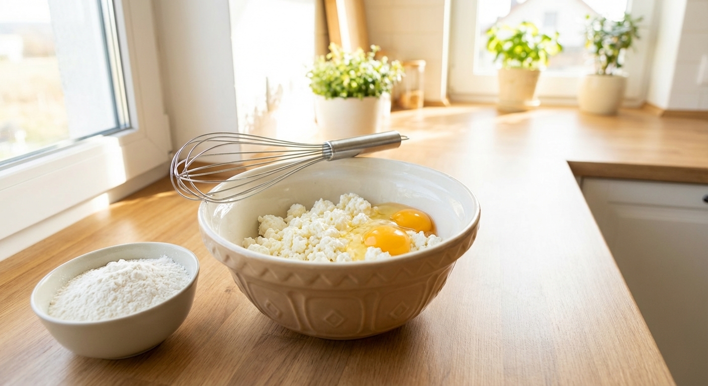 A single real photograph of a mixing bowl with cottage cheese and cracked eggs, a whisk resting on the rim, flour in a small bowl nearby on a clean kitchen counter, bright natural light
