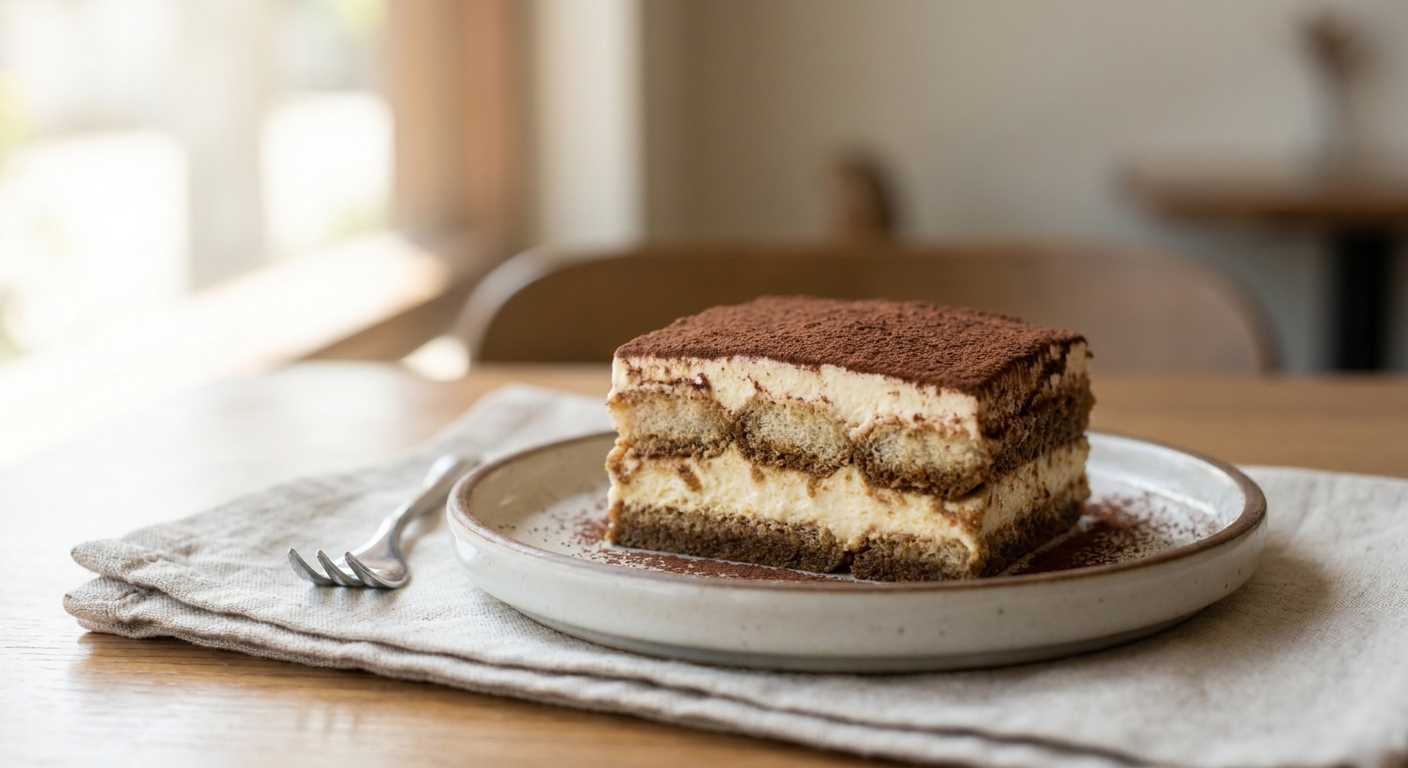 A single real photograph of a neatly cut slice of tiramisu on a dessert plate with visible layers of cocoa, cream, and coffee-soaked ladyfingers, shot in natural light
