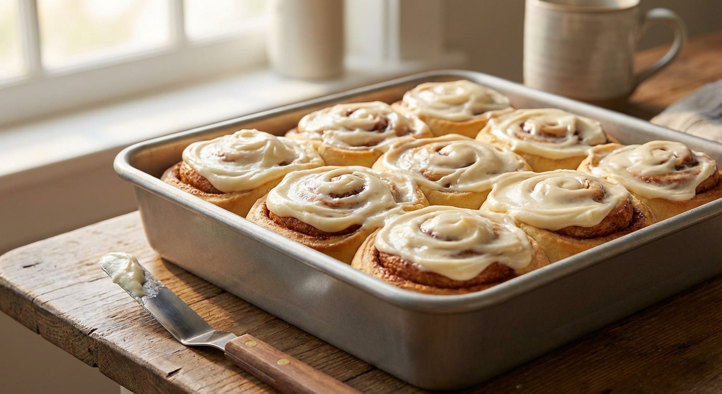 A single real photograph of a pan of freshly baked cinnamon rolls with thick cream cheese frosting swirled on top, photographed in warm morning window light with a small offset spatula resting nearby