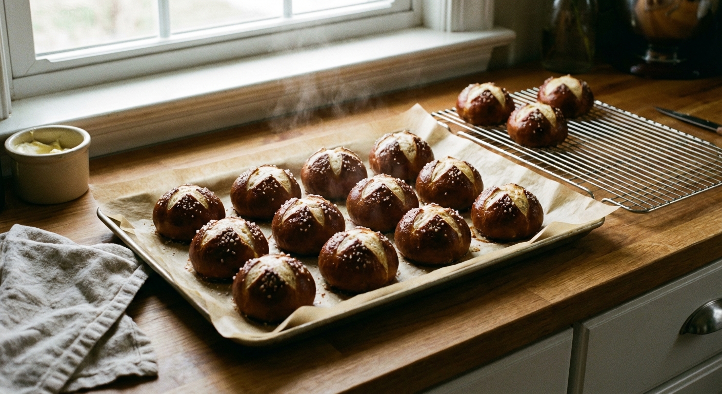 A single real photograph of a parchment-lined baking sheet with freshly baked pretzel buns, deep brown and glossy with coarse salt, sitting near a cooling rack in a home kitchen