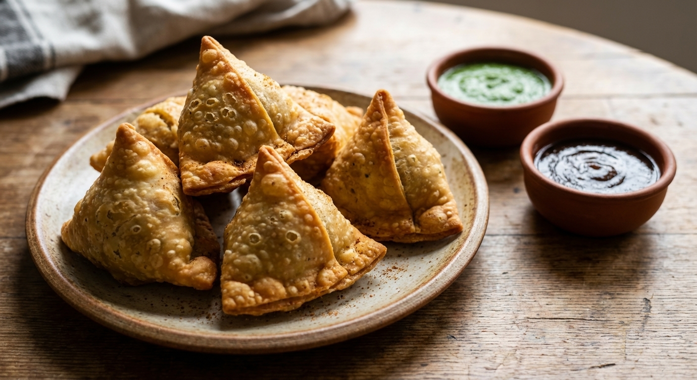 A single real photograph of a plate piled with golden brown potato samosas with crisp, bubbled pastry, served with small bowls of green mint chutney and dark tamarind chutney on a rustic wooden table, natural window light, shallow depth of field