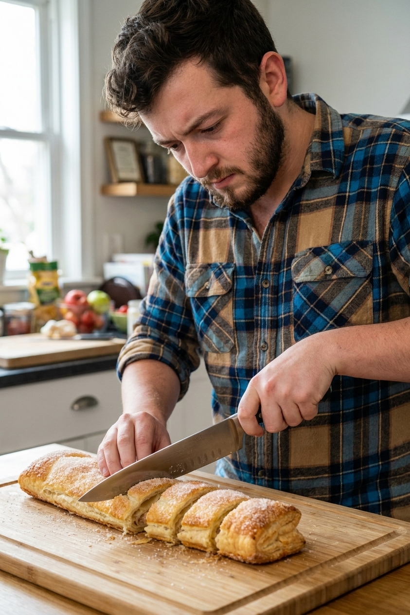 A single real photograph of a puff pastry log coated in sugar being sliced into even rounds with a sharp chef's knife on a wooden cutting board