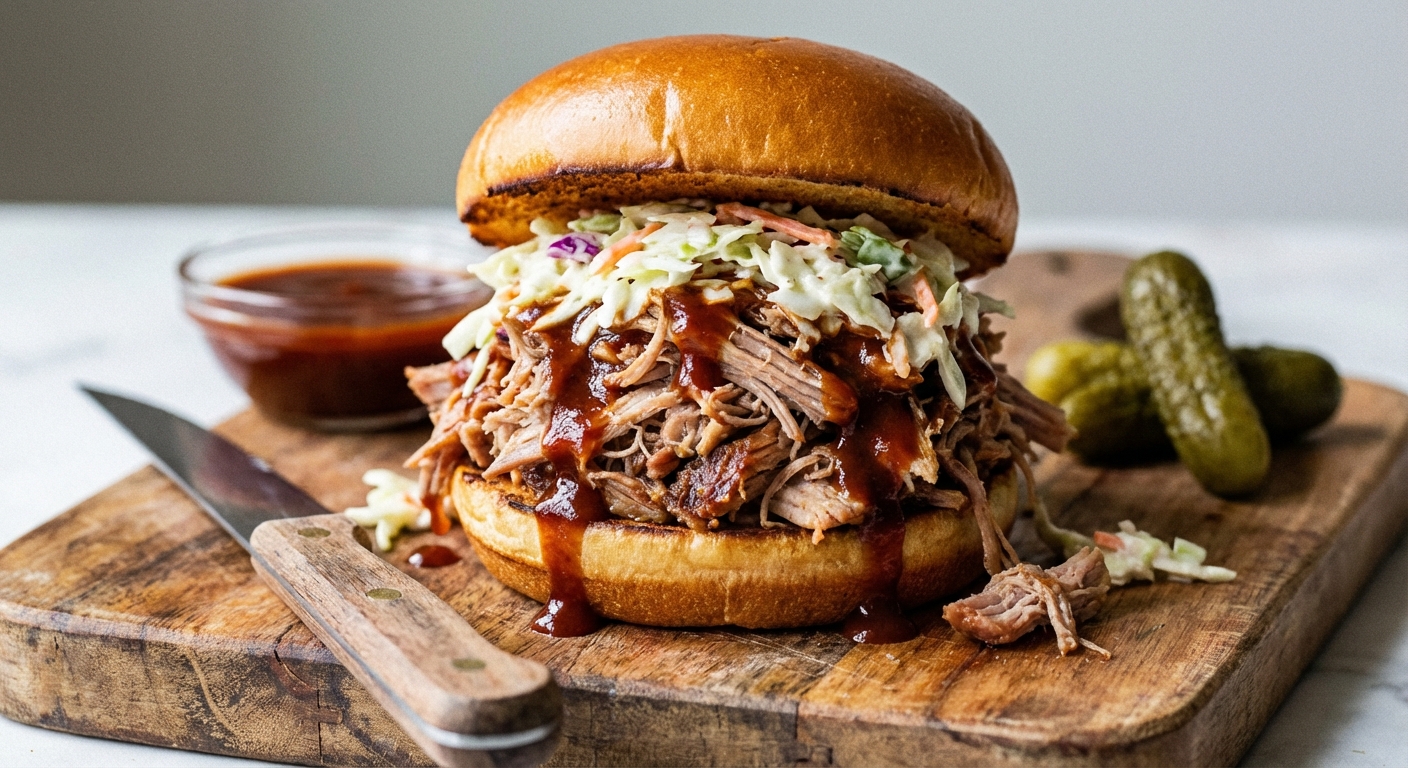A single real photograph of a pulled pork sandwich piled high with barbecue pulled pork and coleslaw, close-up on a cutting board