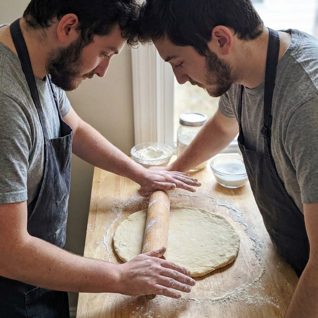 A single real photograph of a round of cream cheese rugelach dough being rolled out on a lightly floured countertop with a wooden rolling pin