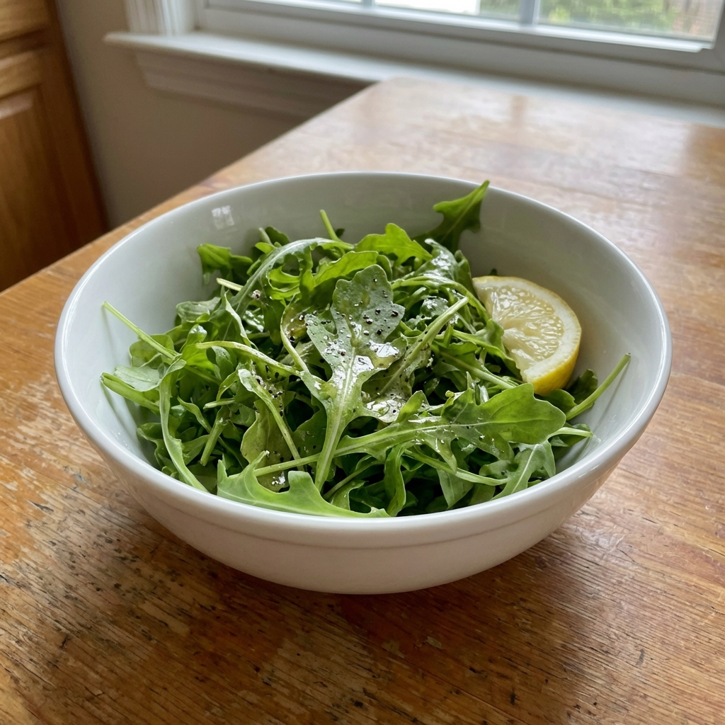 A single real photograph of a simple arugula salad with lemon vinaigrette in a white bowl