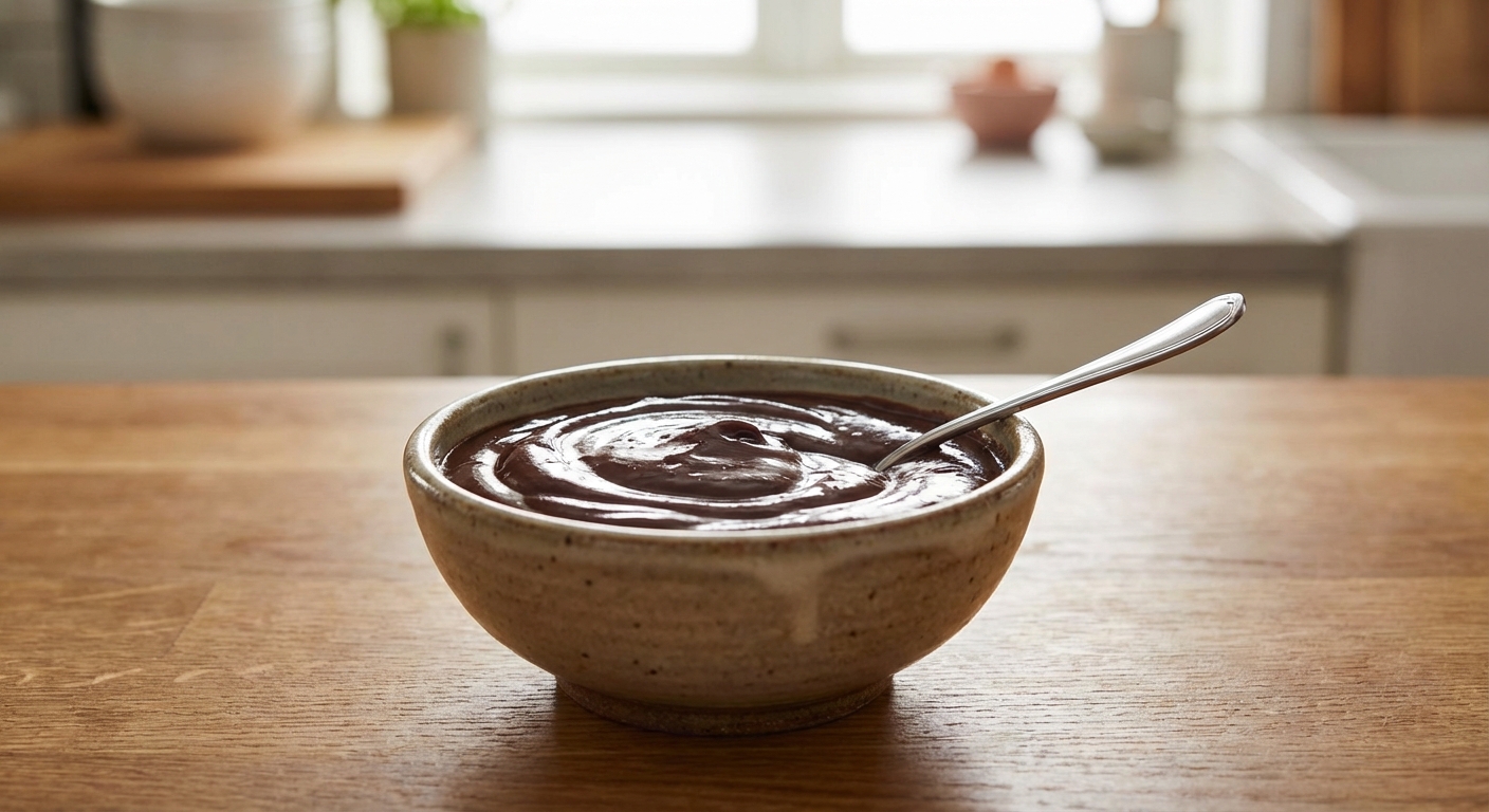 A single real photograph of a small bowl of chocolate ganache with a spoon, ready for dipping
