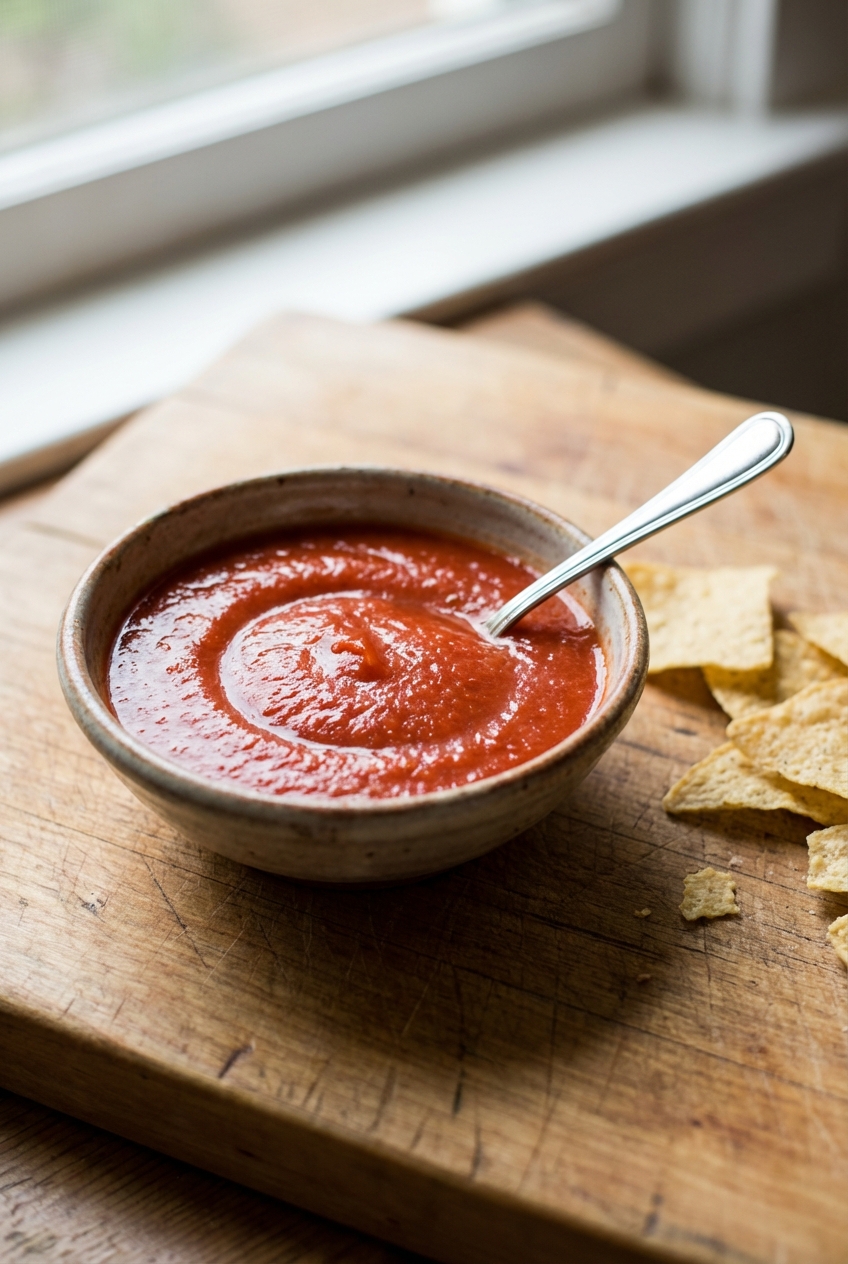 A single real photograph of a small bowl of smooth red salsa on a wooden board