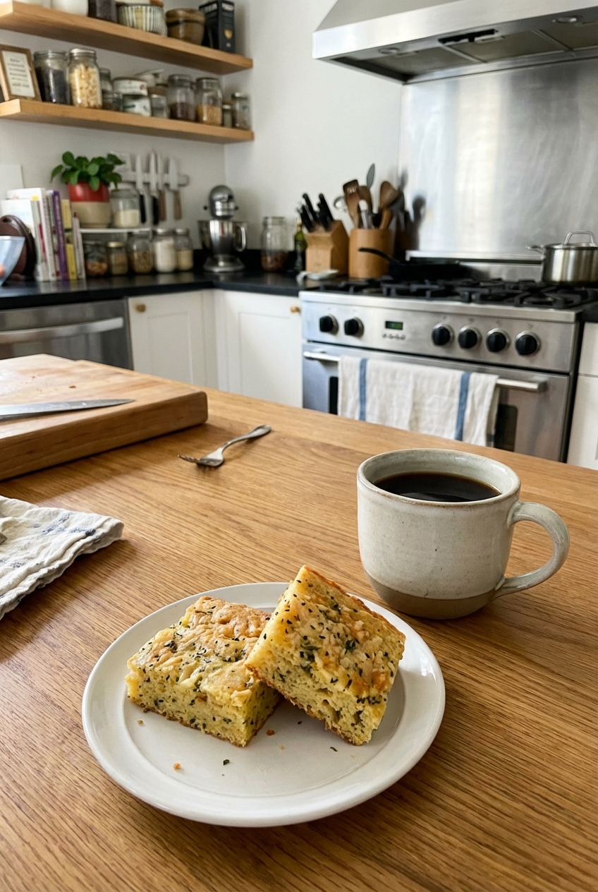 A single real photograph of a small plate holding two savory blondie squares with a cup of coffee beside them on a kitchen table