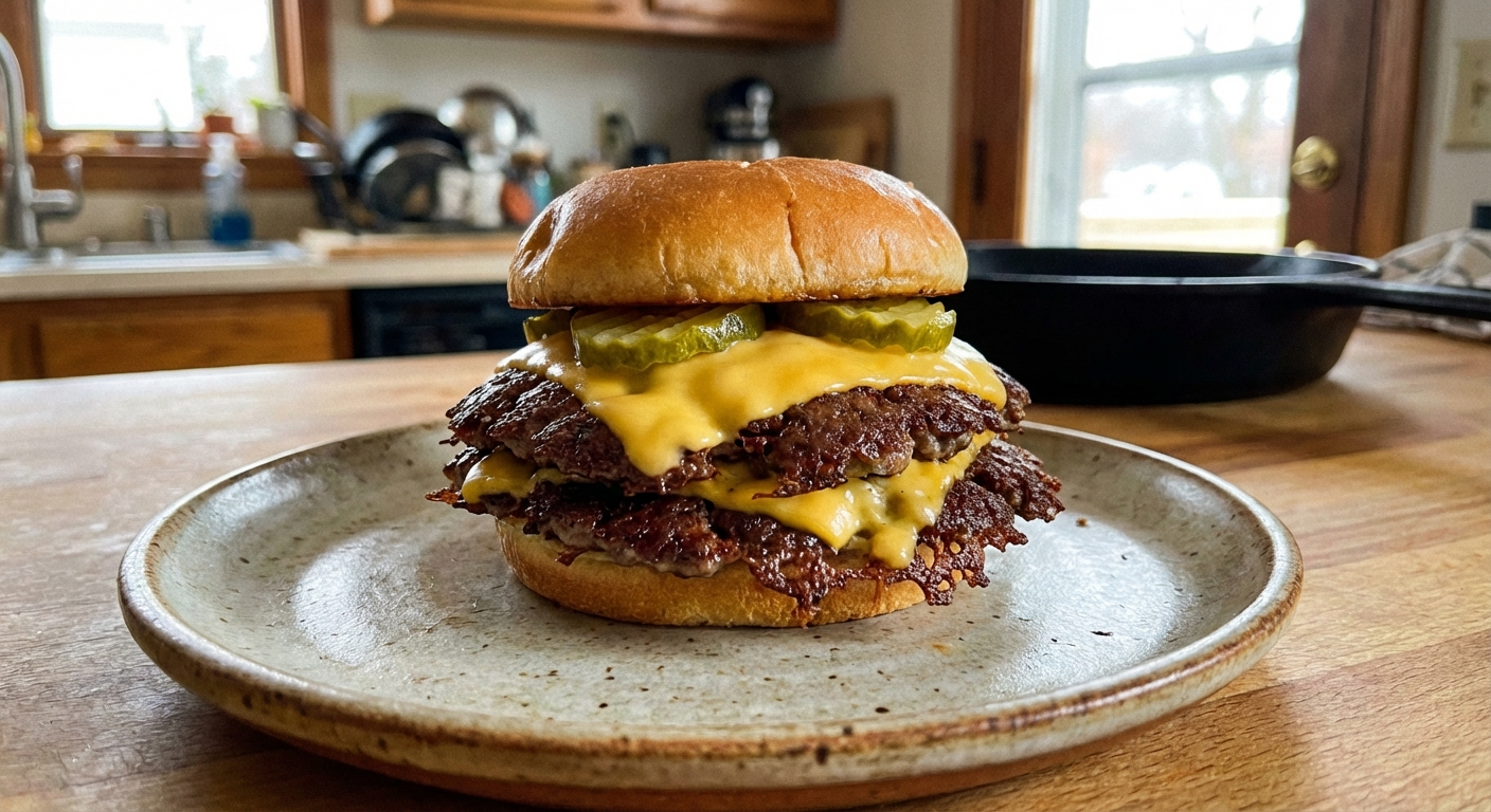 A single real photograph of a smash burger with melted cheese and pickles on a toasted bun, close-up on a plate in a casual kitchen