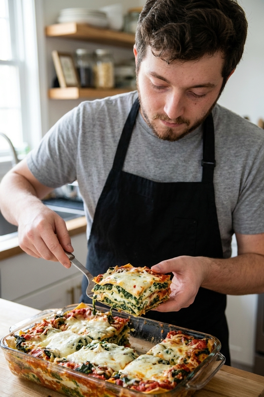 A single real photograph of a spatula lifting one square slice of spinach and ricotta lasagna from a baking dish, showing distinct layers of noodles, cheese, and spinach