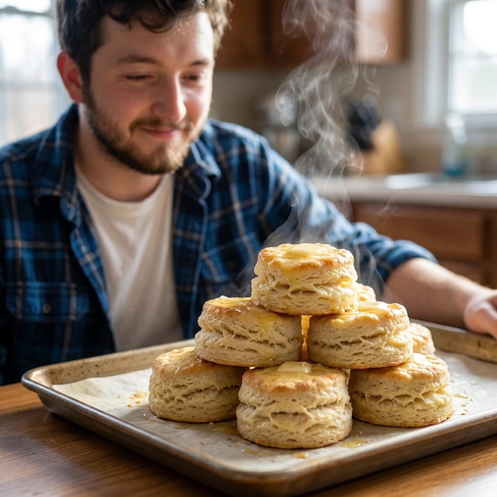A single real photograph of a stack of tall, flaky buttermilk biscuits on a parchment-lined baking sheet, tops brushed with melted butter and glistening, warm steam visible in natural window light, shallow depth of field