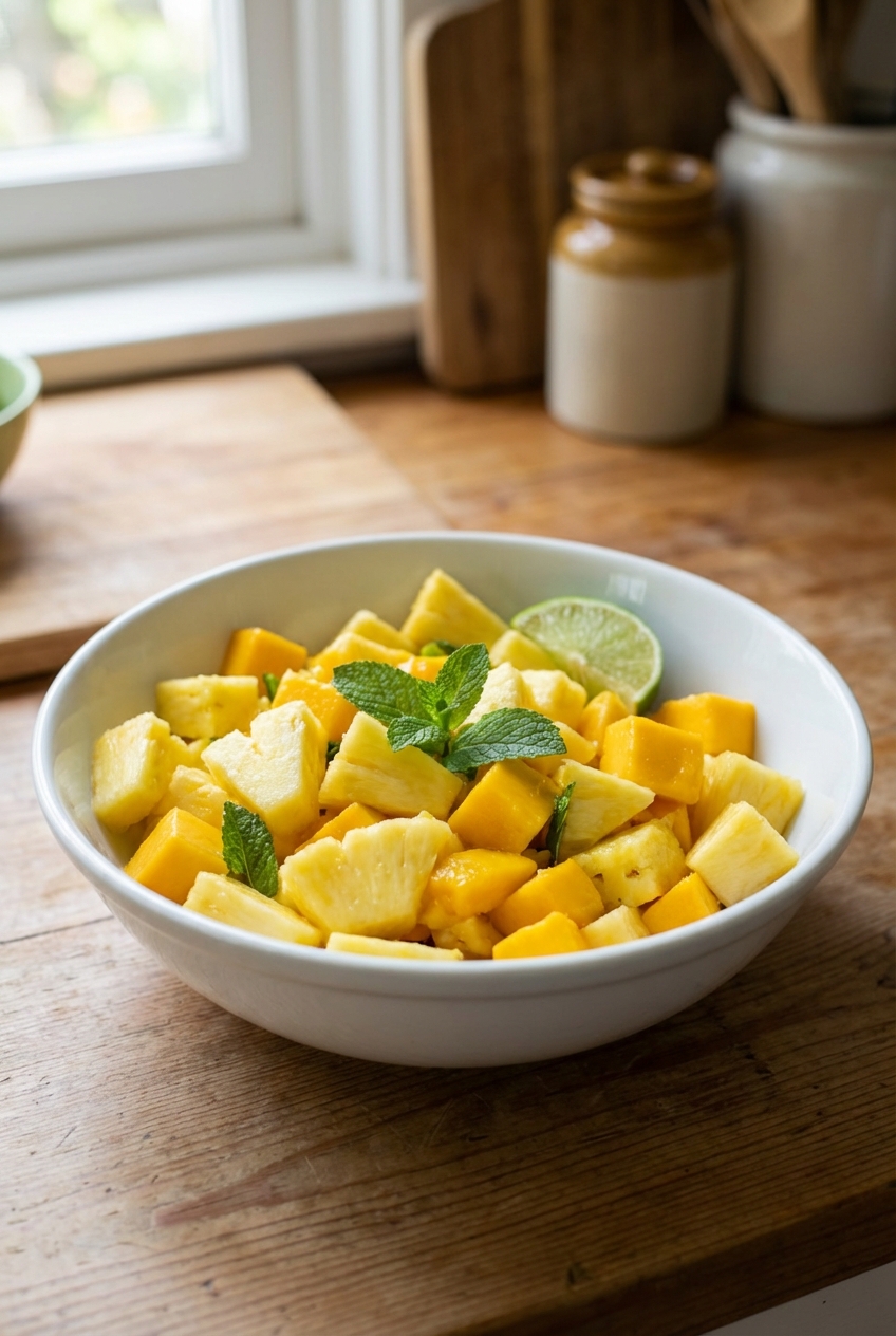 A single real photograph of a tropical fruit salad with pineapple and mango in a white bowl