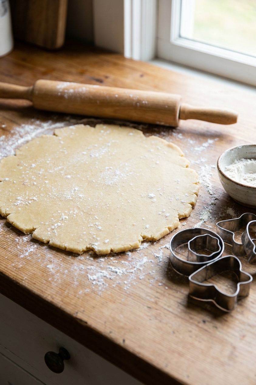 A single real photograph of almond cookie dough rolled out on a lightly floured countertop with a rolling pin, with Linzer cookie cutters and a small bowl of flour nearby