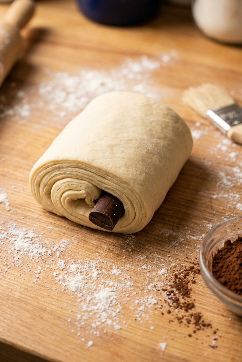 A single real photograph of an unbaked pain au chocolat on a floured counter with a chocolate baton visible at the edge, showing neat folds and defined layers